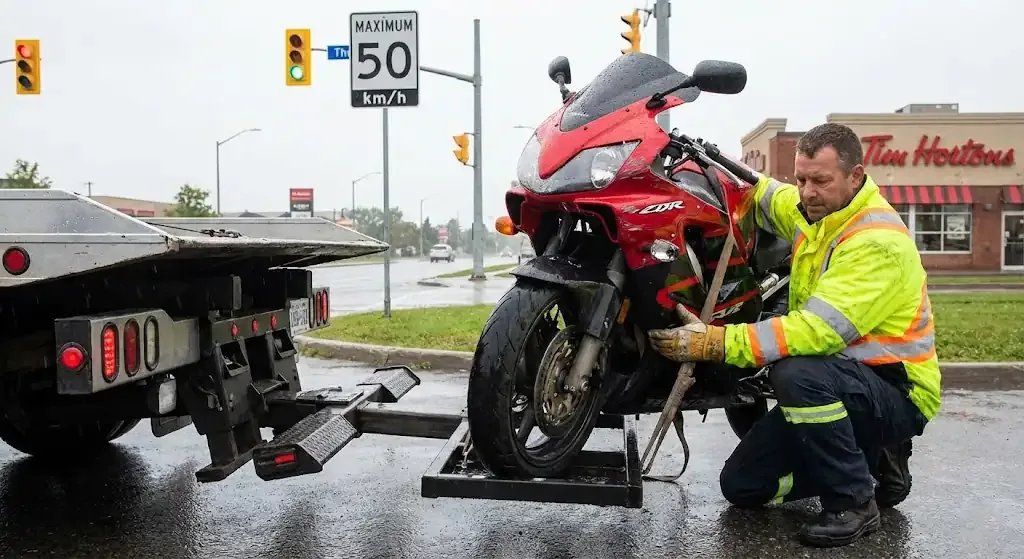 Victoria motorcycle being safely loaded for transport