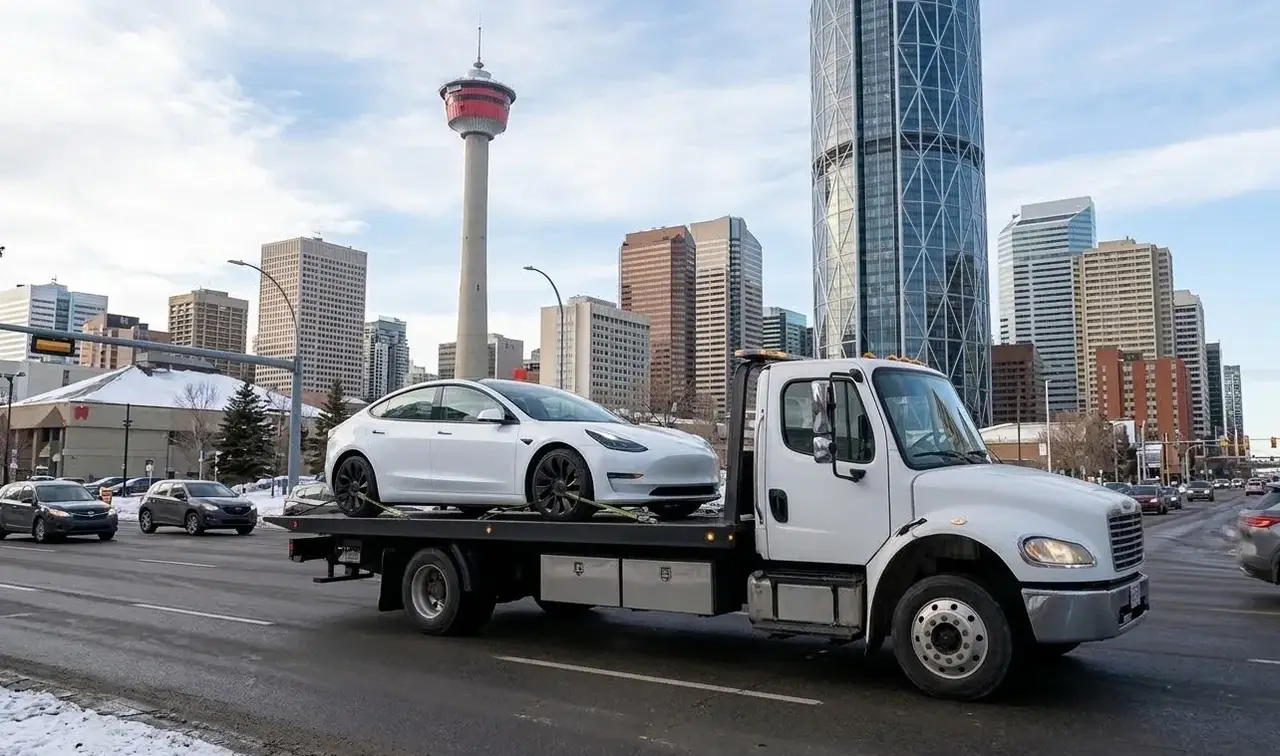 Victoria electric vehicle on flatbed transport